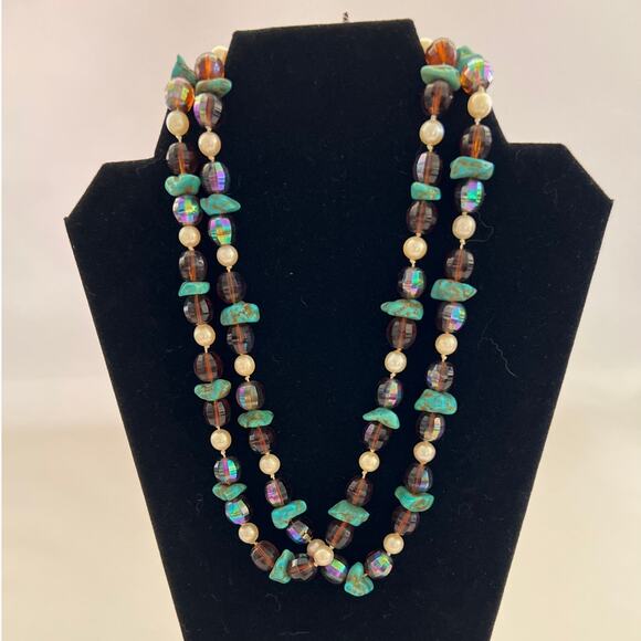 Turquoise and Faux Pearl Multi-Strand Necklace Crafted Vintage-Inspired Layered - Picture 2 of 5